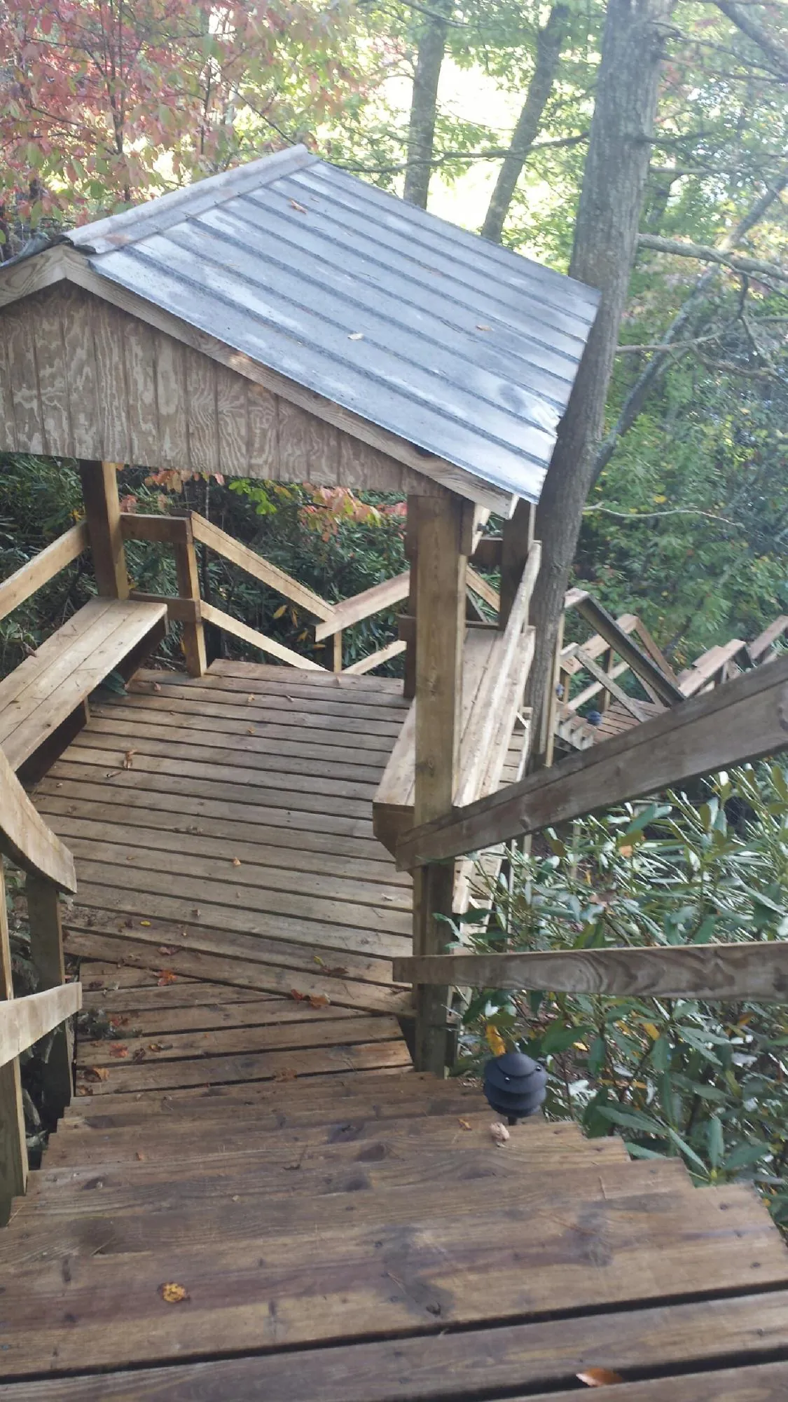 Metal roofed shelter over wooden steps on a wooded walkway — Skylight Repair & Installation work by our crew in Royal